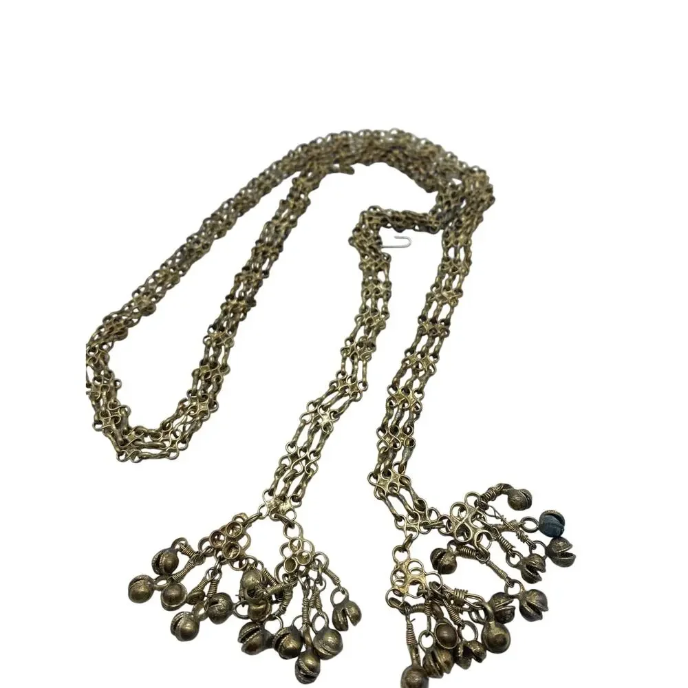 Vintage Brass Bell Tassel Chain Belt‎ Triple Strand Boho Tribal Ethnic Lariat